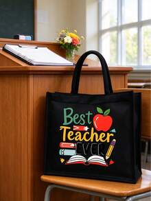 Teacher Theme Black Linen Tote Bag Set, Includes Large Tote Bag + Small Coin Purse, Printed With Best Teacher Ever Apple Design, Large Capacity Durable Canvas Material, Perfect Gift For Teacher's Day, Suitable For Students To Purchase And Give To Teachers, Daily Commute, Lesson Planning, Book And Stationery Storage - Multicolor - View 6