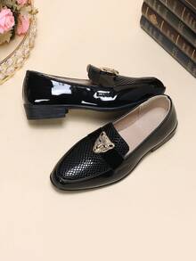 1 Pair New Boys' Leopard Head Decor Oxford Shoes, Fashionable Versatile British Style Shiny Formal Shoes Suitable For All Seasons - Black - View 7