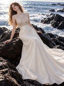 High Neck Sleeveless Wedding Dress, Delicate Floral Lace Bodice, Smooth Satin A-Line Skirt With Sweep Train, Elegant For Beach Bridal. - White - View 4
