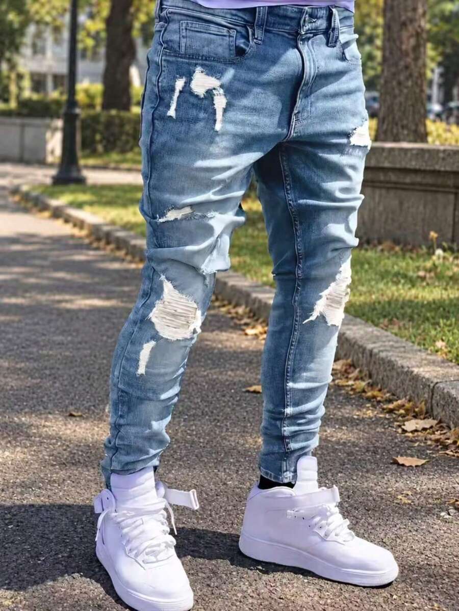 Men's Spring/Autumn American Street Casual Slim Fit Distressed Washed Flattering Denim Jeans