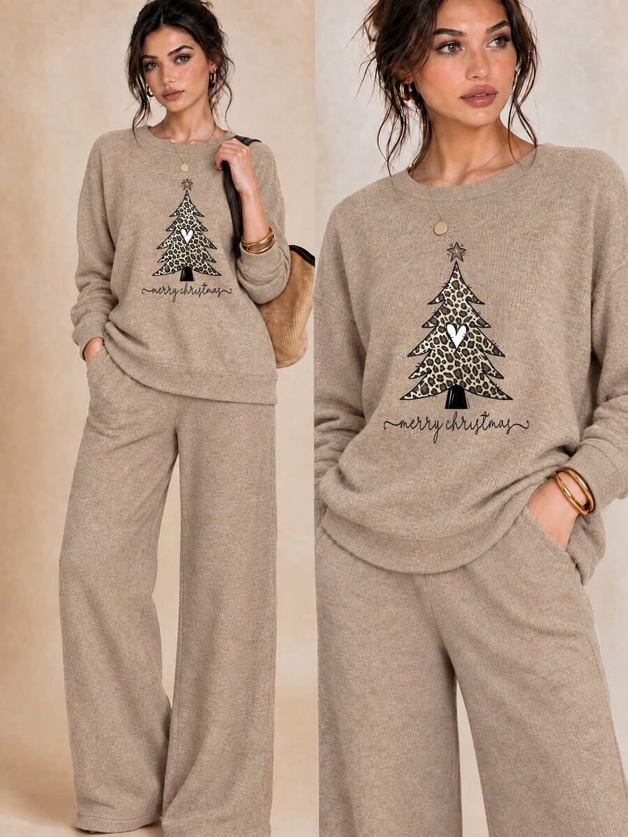 Women Leopard Heart Tree Print Faux-Knit Two Pieces Set, Soft Round Neck Top And Wide Leg Pants Casual Outfit, Autumn/Winter - Camel - View 1