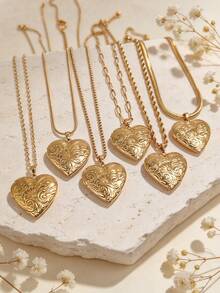 1pc Vintage Embossed Heart Locket Pendant, 18K Gold Stainless Steel Multi-Chain Openable Locket, Premium Versatile Women's Collarbone Necklace - Yellow Gold - View 1