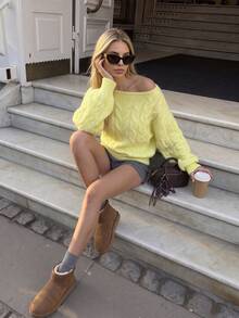 Autumn Yellow Fluffy Cable Knit Sweater For Women Boat Neck Long Sleeve Fall Tops Elegant Casual Going Out Autumn Outfits - Yellow - View 3