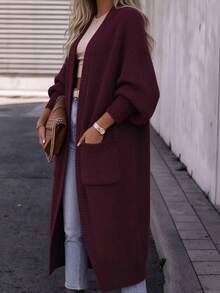 Damkofta i plus size med lång ärm och fickor, stickad öppen kofta framtill, lämplig för höst/vintergarderoben - Bourgogne - Visa 3