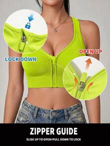 Sujetador deportivo sin costuras y con cremallera frontal de alta intensidad para mujer, adecuado para primavera, verano, otoño e invierno - Verde - Ver 4