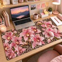 Pink Orchid And Leopard Print Extended Mouse Pads, Glam Floral Animal Pattern Large Desk Mats, Smooth Fabric Surface For Keyboard, Laptop, Home Office, Bedroom And Vanity Decor, 4 Sizes Available - View 4