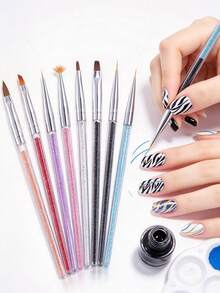 7Pcs Nail Art Brush Set With Rhinestone Handle, Crystal Liner Brushes For Nail Painting, Professional Nail Art Tools For DIY Manicure & Nail Salon - Multicolor - View 5