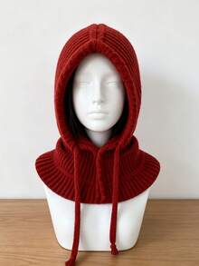 1pc Women's Thick Chunky Knit Hooded Neck Warmer, Drawstring Integrated Knit Head Cover, Suitable For Daily Commute, Outdoor Walking, Street Style - Knitted Hood - View 4