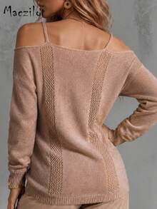 Plus Size Women Fall Winter Spaghetti Strap Cold Shoulder Knit Sweater, Long Sleeve Pullover For Commute Date & Daily Outing - Mocha Brown - View 5