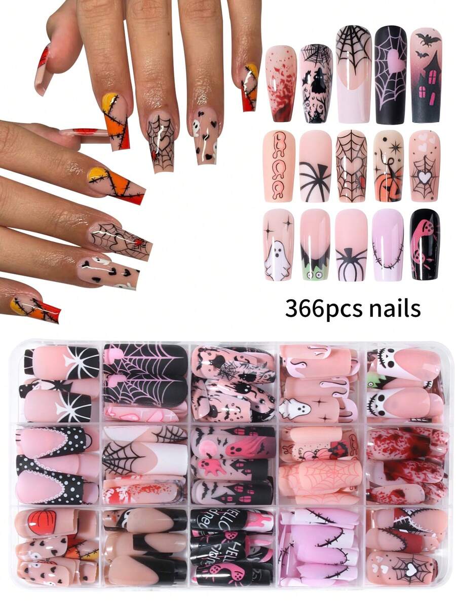 366pcs Medium Long Coffin Shaped Halloween Nails, Pumpkin Nails, Ghost Nails, Bat Nails, Spider Web Design Fake Nails, Autumn Nails And Halloween Nails Suitable For Women And Girls Daily Life And Party Use - Multicolor - View 1