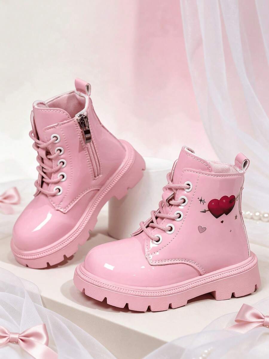 1 Pair White Student Boots, Mirror PU + Double Heart Decor, Round Toe Elastic Soft Sole Inner Zipper Design, Cute Fashion Fairy Style Ankle Boots, Suitable For Daily Campus Festivals, Autumn/Winter New