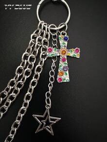 1pc Minimalist Fashion Metal Chain Pants Chain With Flower Cross And Five-Point Star Pendant, Clothing Chain Accessory For Men And Women, Suitable For Daily Wear In All Seasons - Silver - View 2