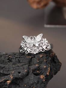 1pc Cute Beautiful Gold & Silver Dual-Color Butterfly Floral Ring, Vintage Hollow Butterfly Design, Suitable For Holiday & Daily Wear, Perfect Gift Choice - Butterfly - View 8