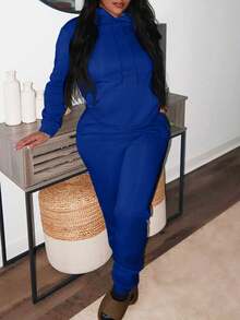 LovelyWholesale Women's Hooded Collar Long Sleeves Pocket Plain Casual Everyday Wear Top And Pants Set Spring Fall Clothing - Royal Blue - View 6