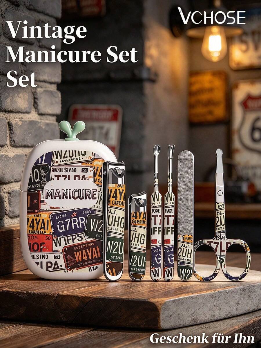 VCHOSE Vintage License Plate Manicure Set 6 In 1, Portable Nail Clipper Kit With Storage Case, Travel Nail Care Tools For Men Women, Birthday Gift - Multicolor - View 1