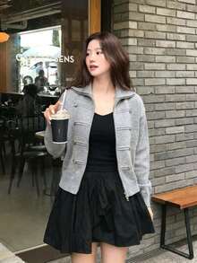 Cardigan Rajut Bergaris dengan Detail Saku, Kerah, Lengan Panjang, Kancing Depan, Potongan Reguler, Cardigan Sweater Musim Gugur Abu-abu, Atasan Kasual Elegan untuk Berlapis - Grey - View 1