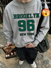 كنزة رجالية من الصوف الناعم بياقة دائرية للخريف/الشتاء مطبوعة بحروف وأرقام BROOKLYN 96 NEW YORK بأسلوب Y2K - رمادي منقوش - مشاهدة 3
