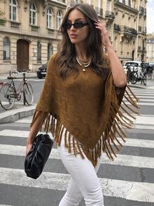 Autumn Brown Fringe Knit Poncho Cape For Women Wave Hollow Pattern Asymmetric Wrap Fall Clothes Elegant Casual Going Out Outfits - Brown - View 7