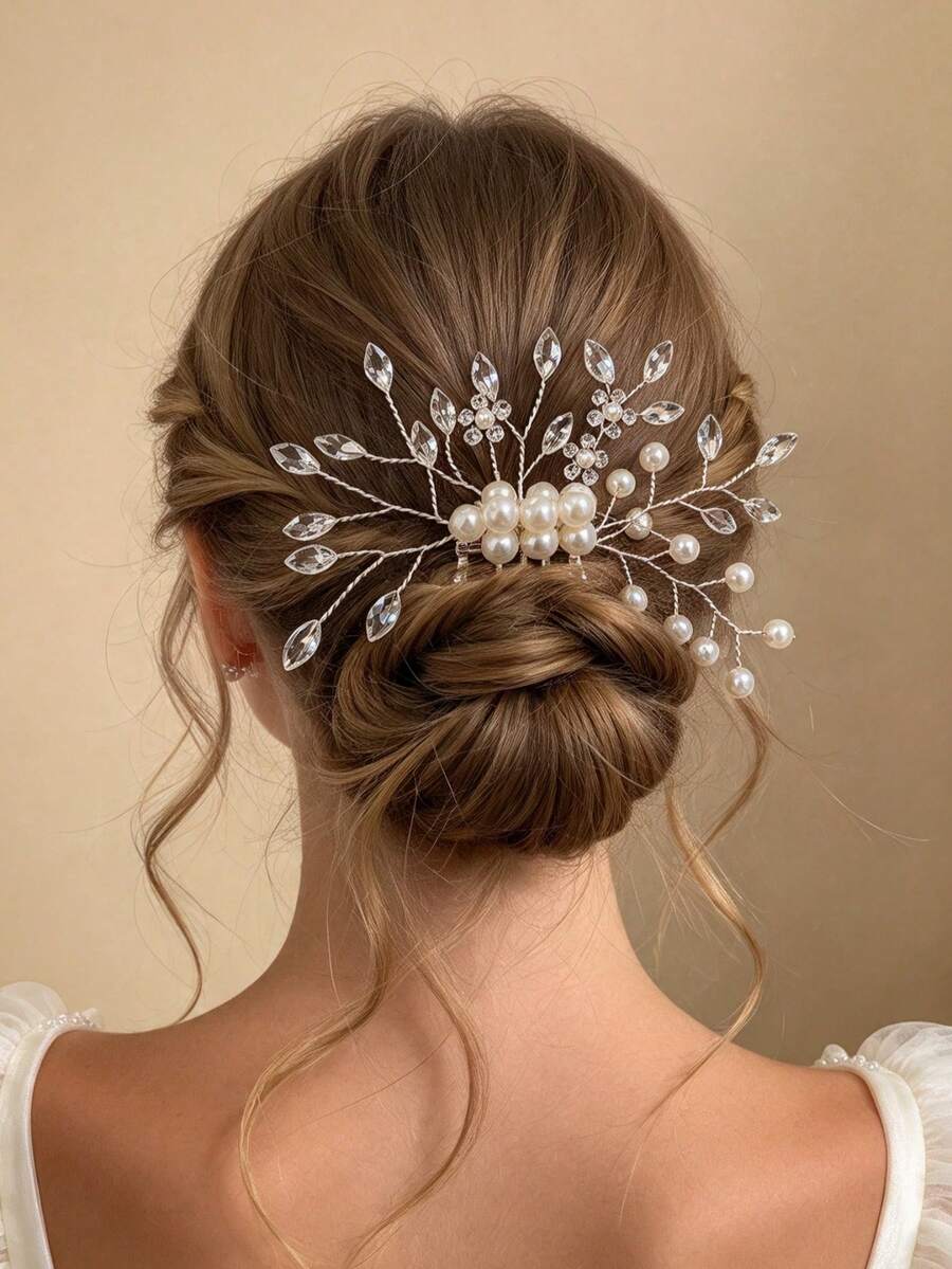 1pc Luxury Shiny Handmade Beaded Pearl Rhinestone Leaf Hair Comb, Silver Metal Hair Comb, Bridal Banquet Back Head Bun Hair Accessory - Multicolor - View 1