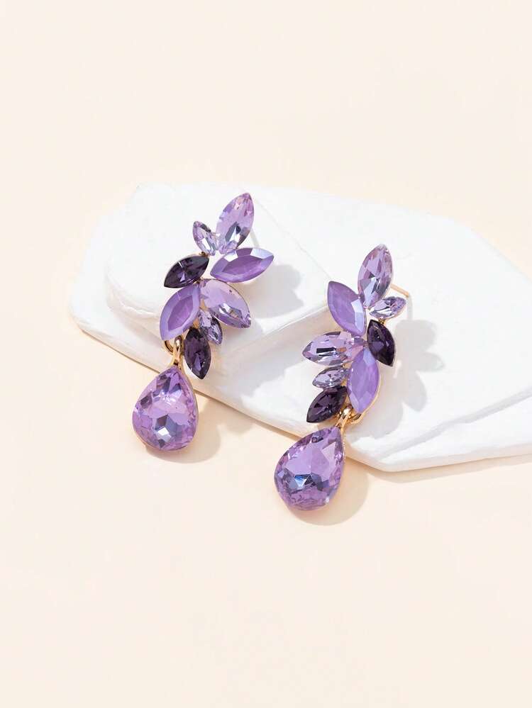 1 Pair Women's Teardrop-Shaped Colorful Floral Diamond Earrings, Suitable For Outings - Purple E112 - View 4