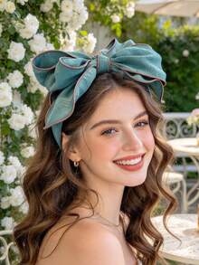 1PC Large Double-Layer Bow Headband, Contrast Color Trim Satin Fabric Hairband, Elegant Daily Party Women's Hair Accessory - Multicolor - View 1