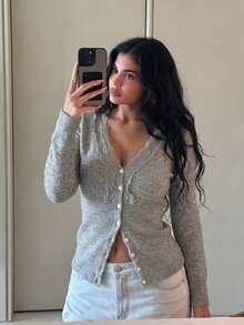 Scalloped Lace Trim Ribbed Knit Cardigan, V Neck Button Front, Long Sleeves, Fitted Grey Sweater Cardigan, Elegant Fall Layering Top - Grey - View 5