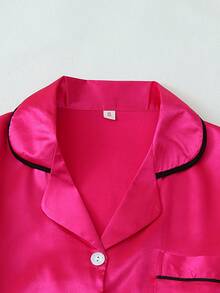 2pcs Satin Solid Color Pajama Set, Sweet & Cute Lapel Button Long Sleeve Top And Pants, Women's Sleepwear And Loungewear Suitable For Home Use - Hot Pink - View 4