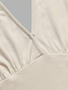 Women Fall Elegant Cream V Neck Flare Long Sleeve Ruched Bust Fitted Crop Top, Dating Daily Holiday Festival Outfit - Apricot - View 6