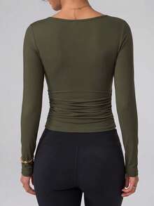 GLAMSKIN Women's Summer/Autumn Basic Y2K Square Neck Long Sleeve Fitted T-Shirt, Solid Color Sexy Slim Fit Cropped Top Casual - Olive Green - View 10