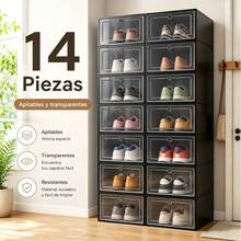 6/14 Piezas de Organizador de zapatos apilable, cajas para calzado con puerta transparente, diseño plegable y modular, almacenamiento para tenis, tacones y zapatos, ideal para dormitorio, armario y entrada, disponible en negro y blanco - Ver 14