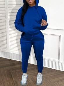 LovelyWholesale Women's Hooded Collar Long Sleeves Pocket Plain Casual Everyday Wear Top And Pants Set Spring Fall Clothing - Royal Blue - View 2