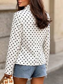Women's Stand Collar Polka Dot Jacket, Asymmetric Button Long Sleeve Slim Fit Casual Outerwear - White - View 6