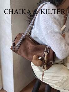 1pc Minimalist Fashion Buckle Suede Fabric Shoulder Bag, Suitable For Commuting, Shopping, Etc. (With Pendant) - Coffee - View 10