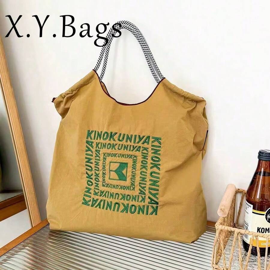 Tas Tote Wanita Motif Huruf Kapasitas Besar Pegangan Tali Bahu yang Dapat Diatur Tas Selempang untuk Kerja, Sekolah, dan Belanja - Khaki - View 1