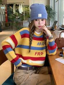 1pc Women's Loose Rainbow Striped Pullover Sweater, Autumn/Winter Long Sleeve Knit Top - Yellow - View 4
