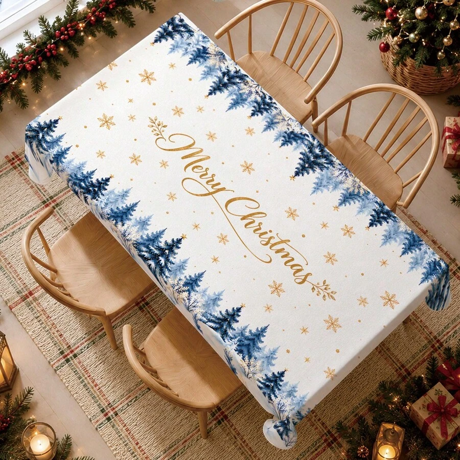1件裝冬季聖誕極簡水彩藍色聖誕樹與雪花圖案桌布,防污餐桌裝飾布,適用於廚房、餐桌、咖啡桌、電視櫃、玄關,派對節日裝飾,居家裝飾,聖誕聚會 - 彩色 - 查看 1