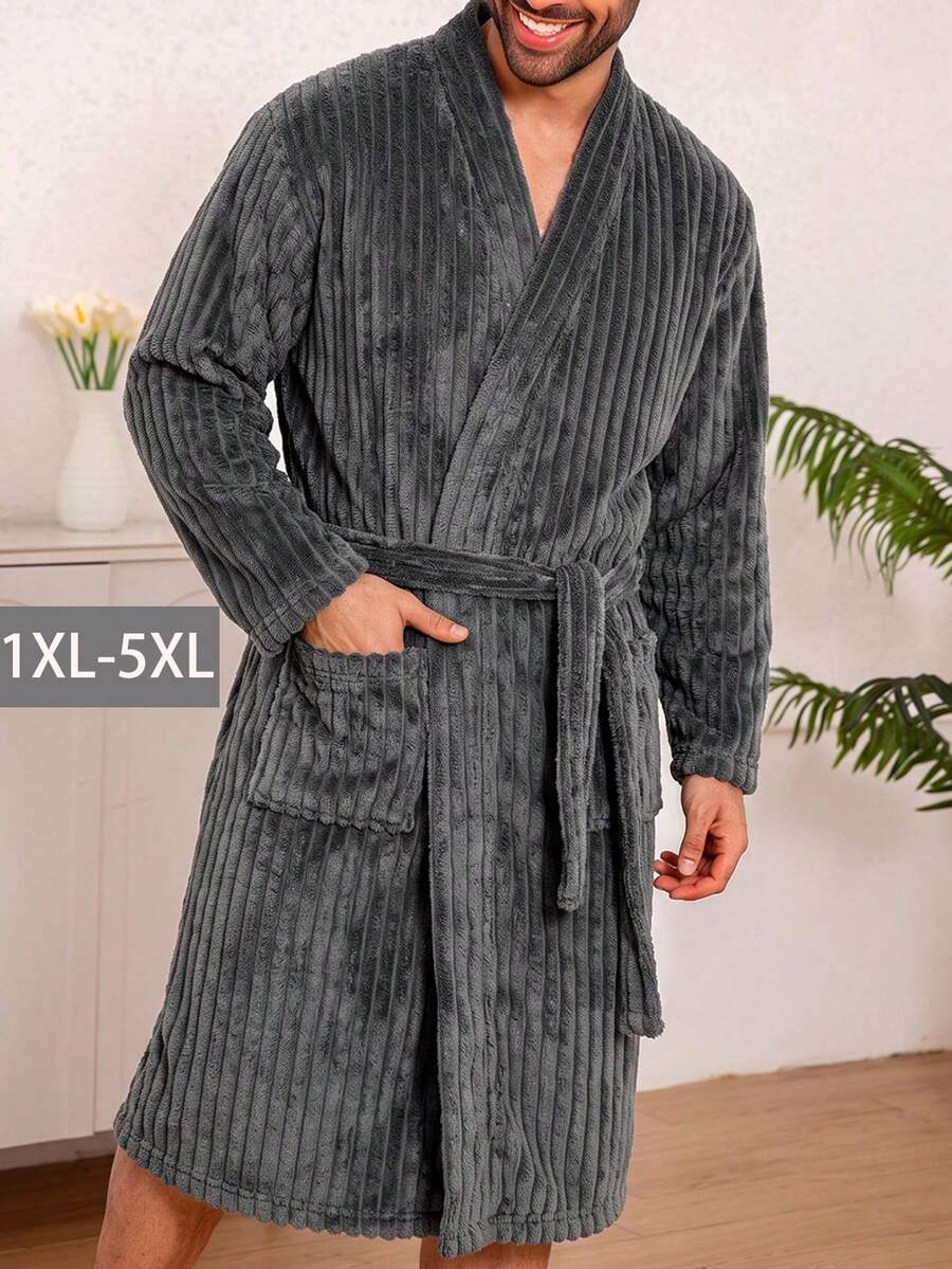 Plus Size Thickened Solid Color Men's Fleece Pajamas With Belt, Comfortable Loungewear Robe Bathrobe For Autumn/Winter - Grey - View 1
