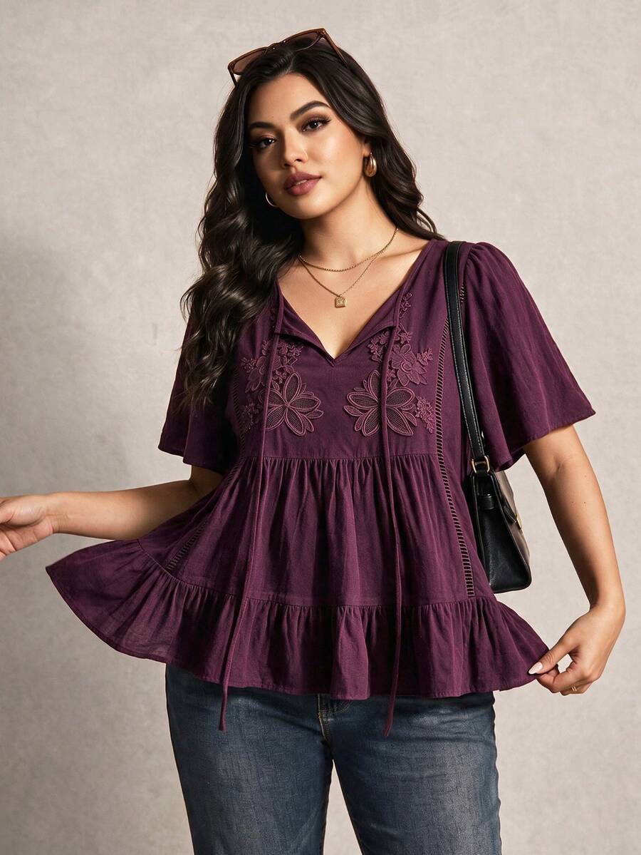 Rusttydustty Plus Size Bohemian Style Red-Purple Lace Embroidered V-Neck Loose Ruffle Sleeve Women's Vacation Blouse, Suitable For Autumn/Winter, Halloween Outfit - Red Violet - View 1