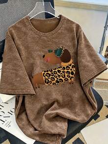 Tween Girl Printed Pullover Washed Short Sleeve T-Shirt, Student Youth Children's Clothing, Summer Top For Girls Ready To Play - Mocha Brown - View 1