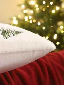 Miater 1pc/2pcs Christmas Decorative Pillow Case, Plush Embroidered Snowflake Christmas Tree Bow, Winter Sofa Living Room Bedroom Home Decor Party Holiday Gift - Green - View 5