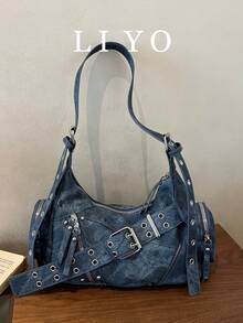 Y2K Denim Blue Shoulder Bag Women's HOBO Underarm Bag Punk Rivet Multi-Zipper Pockets Adjustable Shoulder Strap Crossbody Bag - Blue - View 2