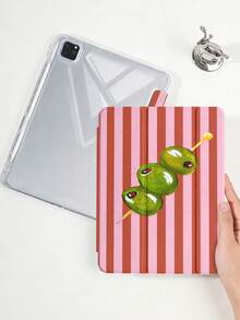 1件粉色條紋橄欖平板保護殼，適用於 iPad Mini6/Mini7/10.2/10.5/10.9 (Air4-Air8)/Pro 11/10th Gen/A16/Pro 11 2024 機型，彩繪圖案平板保護殼，全透明壓克力背殼，三折支架，自動休眠/喚醒，內置筆槽，不含筆，部分機型附相機框 - 彩色 - 查看 4
