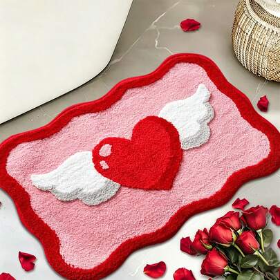 1pc Irregular Heart Print Design Microfiber Bath Rug, Non‑Slip Soft Bathroom Mat, Water‑Absorbent Doormat, Machine Washable, Low Pile, TPR Backing, Knit Fabric, For Bedroom, Kitchen, Entryway, Indoor & Outdoor Use, Home Decor, Perfect New House Gift