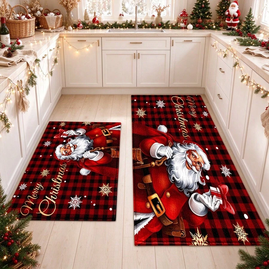 1pc Kitchen Floor Mat, Soft Faux Cashmere Material, Christmas New Year Theme Flannel Rug, Kitchen Entryway Anti-Slip Mat, Entrance Door Mat, Bedroom Door Mat, Suitable For Multiple Scenes Anti-Slip Floor Mat, Room Decor, Holiday Gift - Multicolor - View 1
