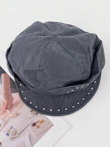 1pc Japanese Style Niche Vintage Rivet Asymmetrical Round Top Octagonal Cap Women Spring Autumn Travel Personalized Street Duck Bill Newsboy Hat - Multicolor - View 4