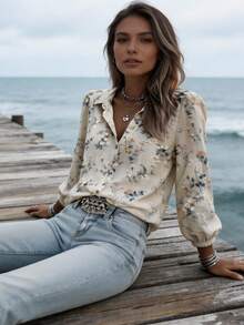 Women's Elegant Apricot Ditsy Floral Open Front Blouse, Lightweight Linen Printed Shirt, Lantern Sleeve Loose Casual Top, Breathable Flowy Blouse, Suitable For Daily Wear, Vacation, Yoga, Outdoor Activities, Spring Summer Autumn Fashion Women's Shirt - Apricot - View 8