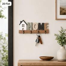 Gantungan Kunci Kayu Vintage Datar 2D Bertuliskan "HOME" "LOVE" "HELLO" "WELCOME", Rak Kunci Rumah Multifungsi dengan 4 Kait Logam, Dekorasi Dinding, Teras, dan Ruangan - MultiWarna - View 6