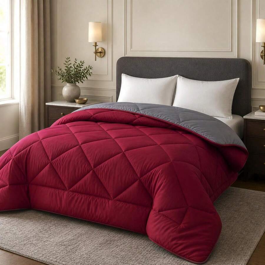 Edredón Reversible de Dos Caras, Colcha Acolchada Suave para Cama, Diseño Liso y Versátil, Ropa de Cama para Dormitorio, 180x240/220x240/240x260 cm - BURDEOS-GRIS OS - Ver 1