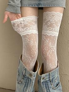 Women's Black Hollow Lace Over-The-Knee Socks, High Elasticity Anti-Slip, French Sexy High Heel Matching Long Socks - Multicolor - View 2