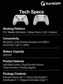GameSir Nova Lite Gamepad For PC Compatible With Switch 2/1 Steam Android IOS Mobile Phone Windows With Original Controller Protective Case Hall Effect Joysticks Wireless Gaming Controle 2 Rumble Vibration Motors Turbo Function - Grey - View 12